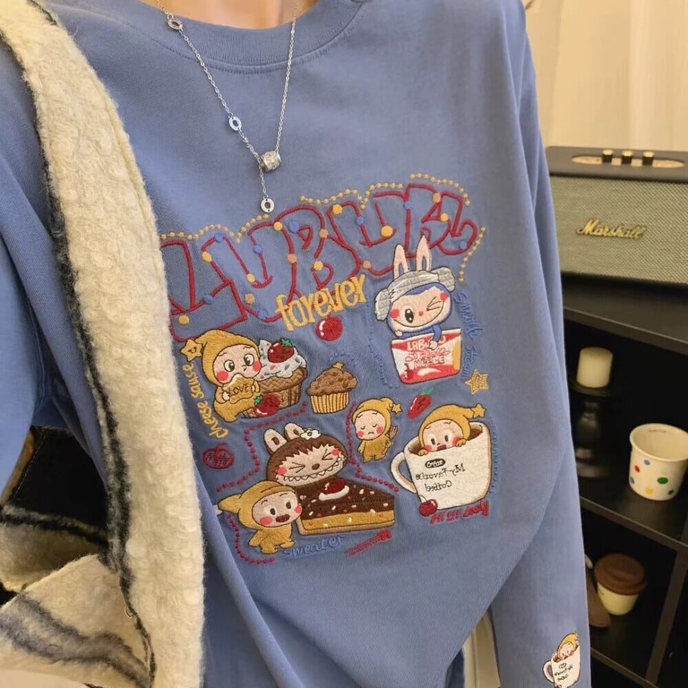 Labubu×Foreverrice 重工刺繍 長袖Tシャツ 高密度240gコットン 綿100% 通気性 肌触り ベーシック カジュアル