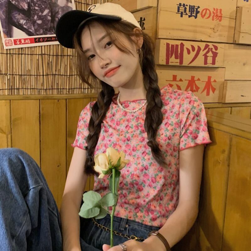 薄手スタンダードフローラルTシャツ サマーカジュアルトップス レトロ 大人ガーリー スウィート キュート 夏物 花柄 YY-ファッション59687614102
