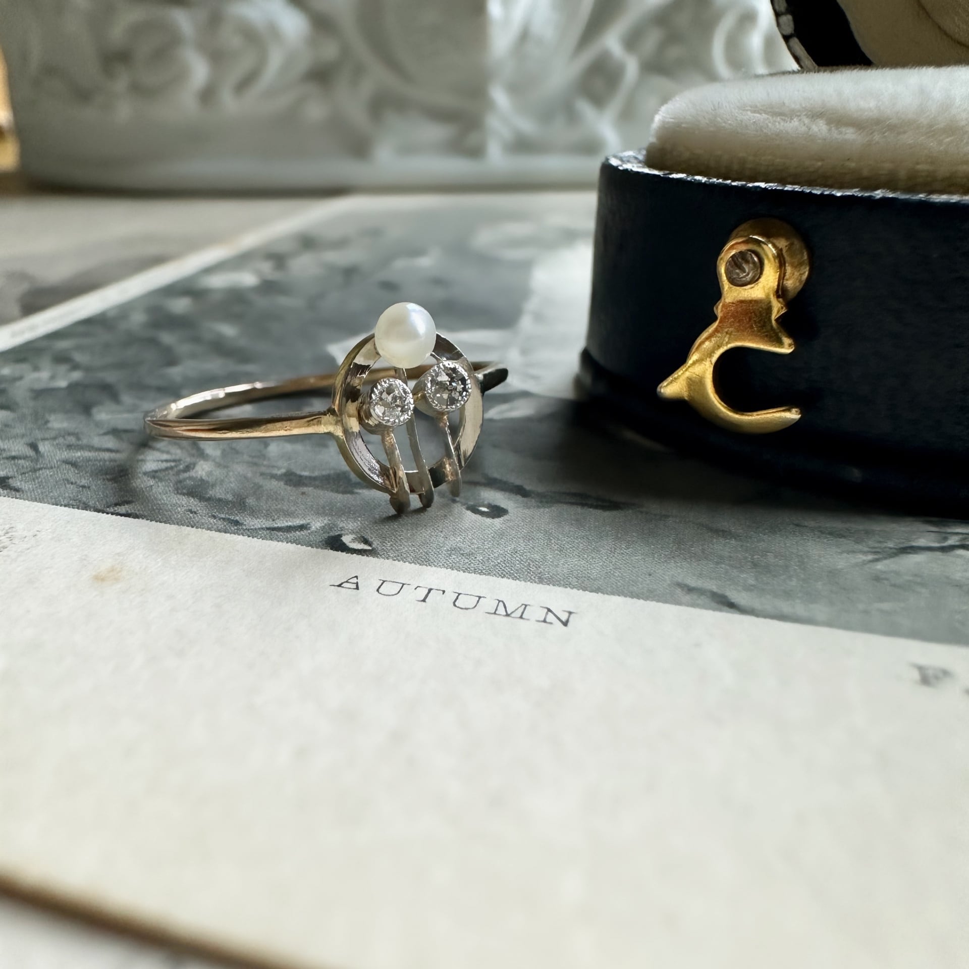 パール＆オールドカットダイヤモンドシャムロックアールデコリング