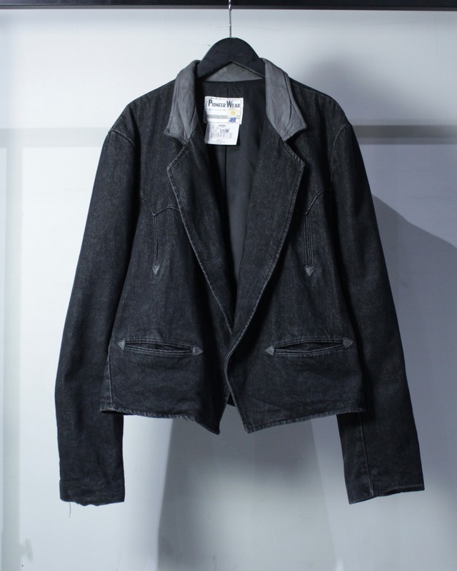 【Caka BLACK】80's “Pioneer Wear” Leather Switching Vintage Short Denim Tailored Jacket
