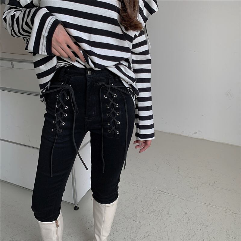 ジーンズ レディースオータムウィンターブラックハイウェストウェスト薄手パンツ 秋物 冬物 ブラックストロベリース89355369632