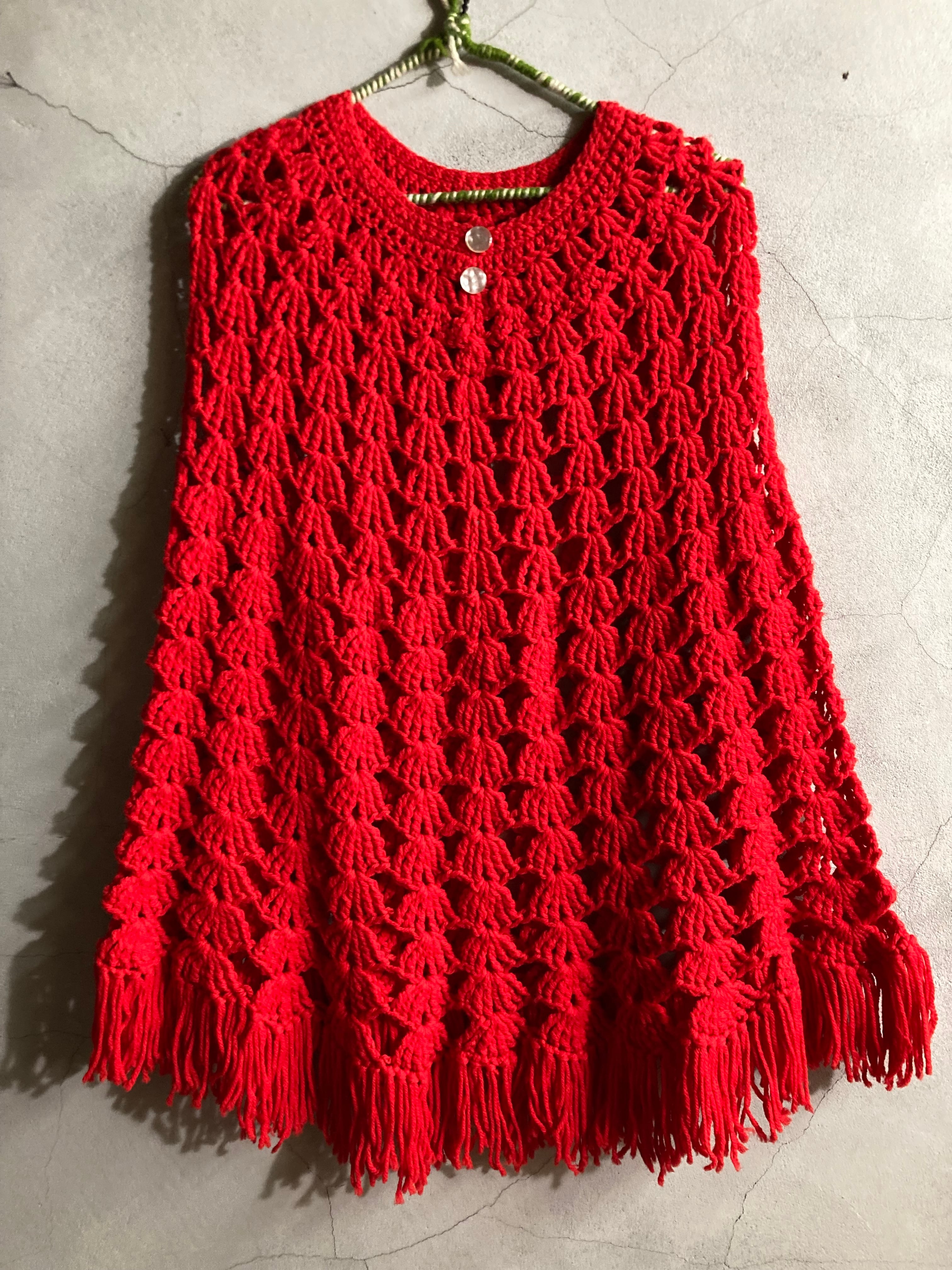 70s VINTAGE HAND MADE KNIT PONCH ハンドメイドポンチョ 赤