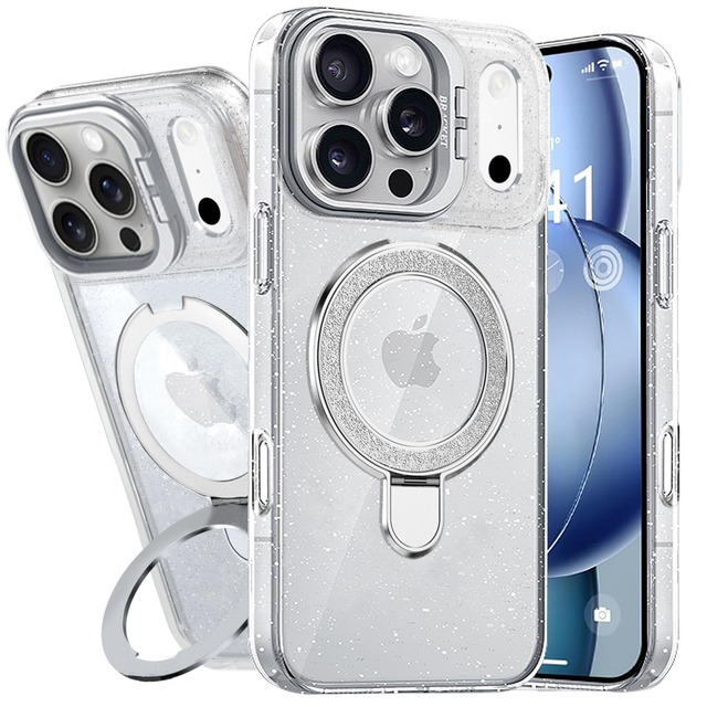 対応 iPhone 18 Pro /17 Pro ケース リング キラキラ クリア [TPU+PC・MagSafe対応・スタンド機能] 耐衝撃 クリア