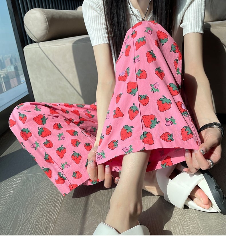 いちご柄 ハイウエスト カジュアルパンツ レディース パンツ ボトムス