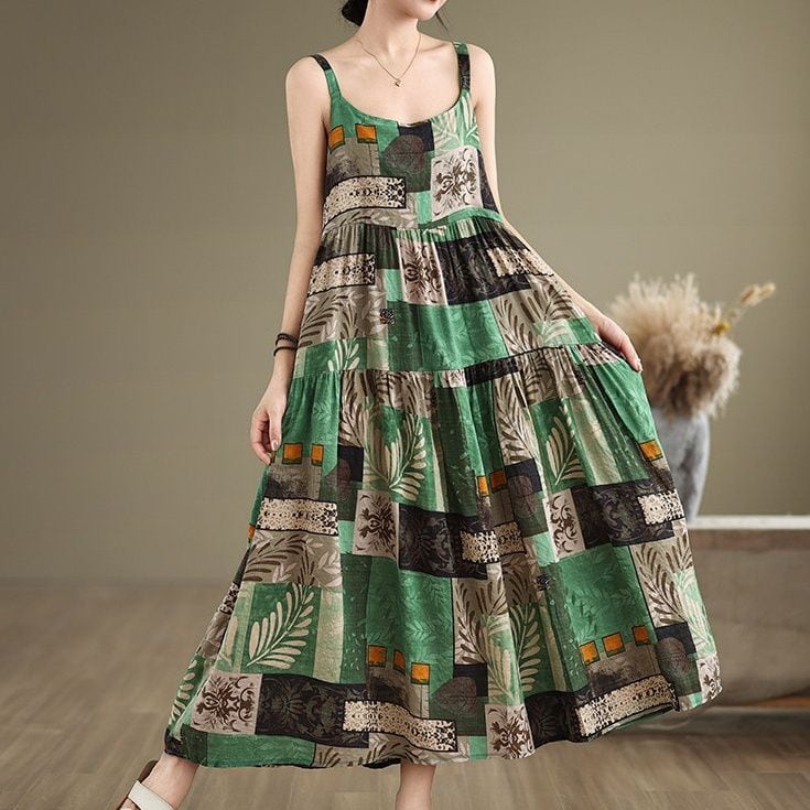 PRINT STRAP SLEEVELESS WAISTED ASYMMETRIC DRESS M-18035