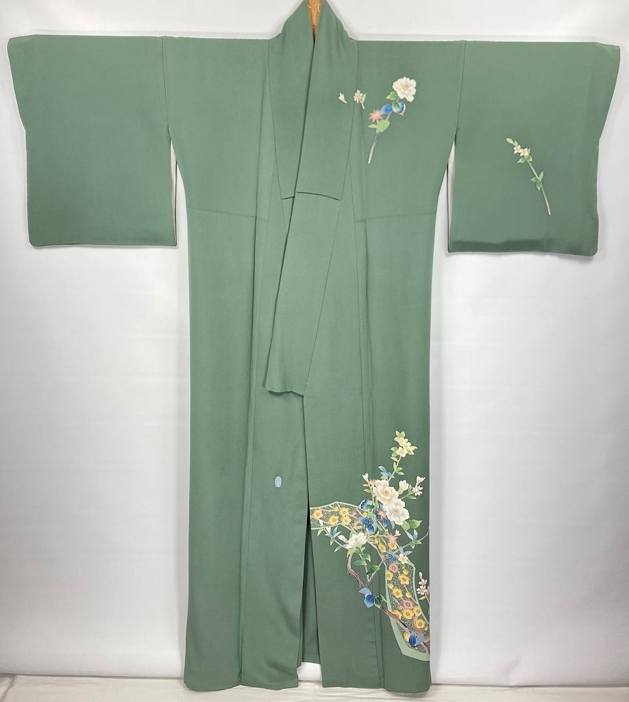 本加賀友禅 南克治 訪問着 花柄 正絹 緑 白 青 836 | kimono Re:和