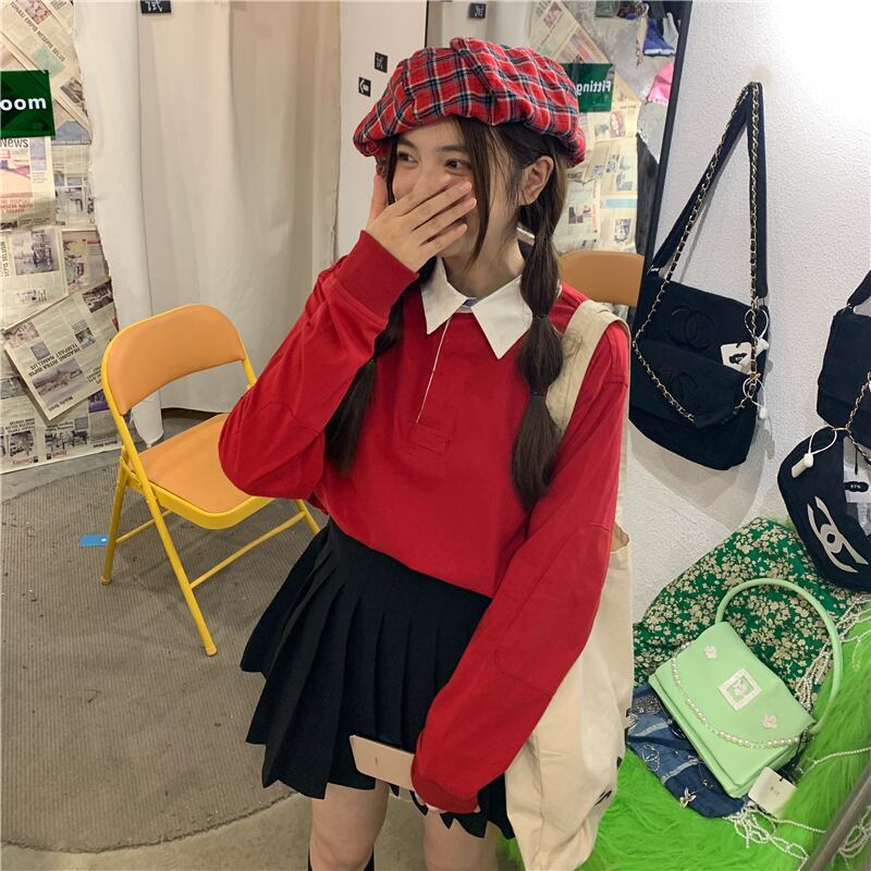 スタンダードレッドセーター オータムバックプリントプルオーバー トップス ロング レトロ ストリート 秋物 モンロー64265687571