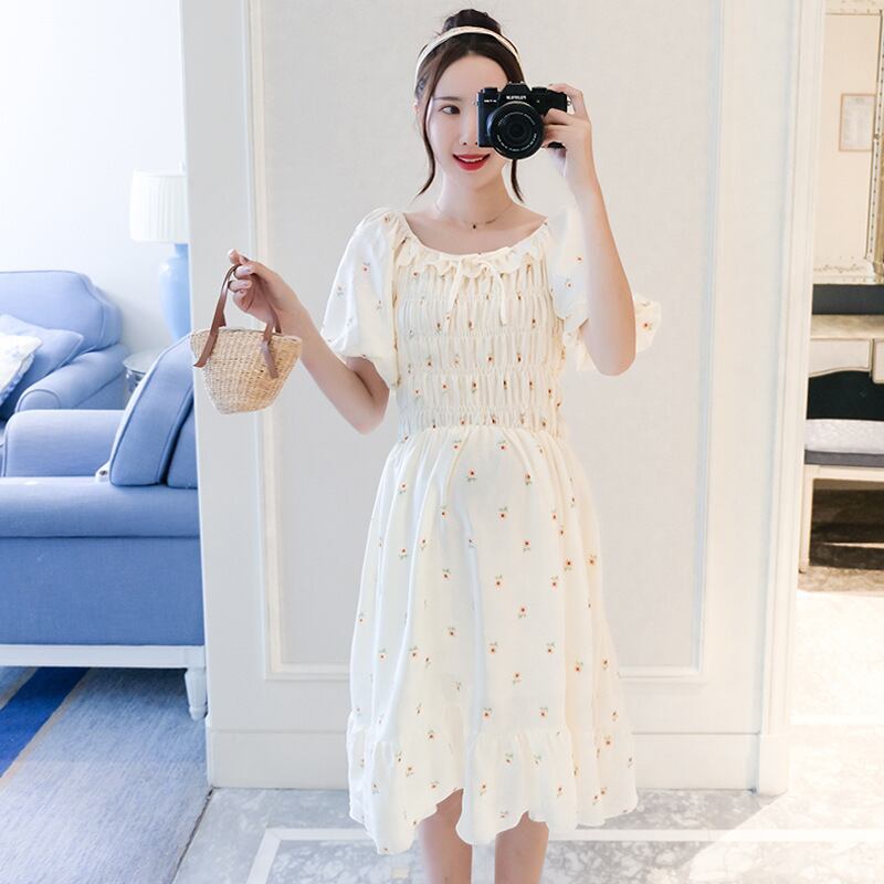 【新作】【送料無料】 マタニティウェア2020夏の新しいファッションコットンとリネンフローラルスクエアネックドレス、トレンディなマザーミドル丈マタニティドレス-アリババ サマー 夏物 花柄 スクウェア expec259531626967