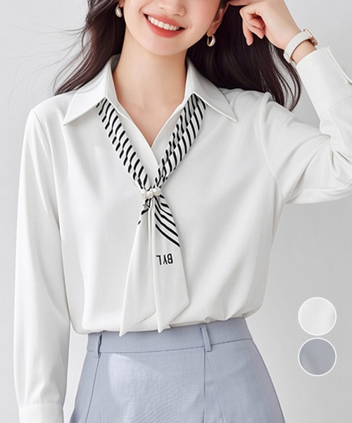 ◆  パール付きスカーフタイシャツブラウス上品