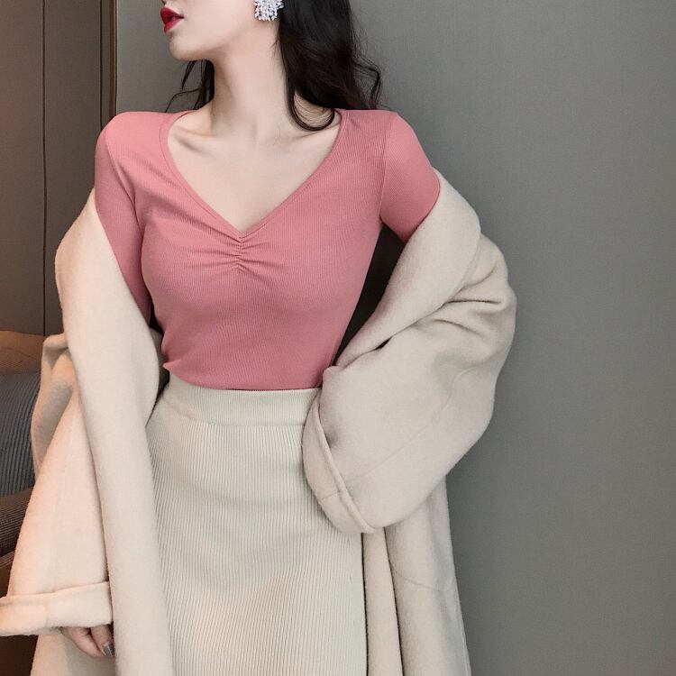 Vネックブラック長袖Tシャツレディース2020年秋新作ニットボトミングシャツスリムスリミングオールマッチトップインタイド ドラファッションホール88678914316