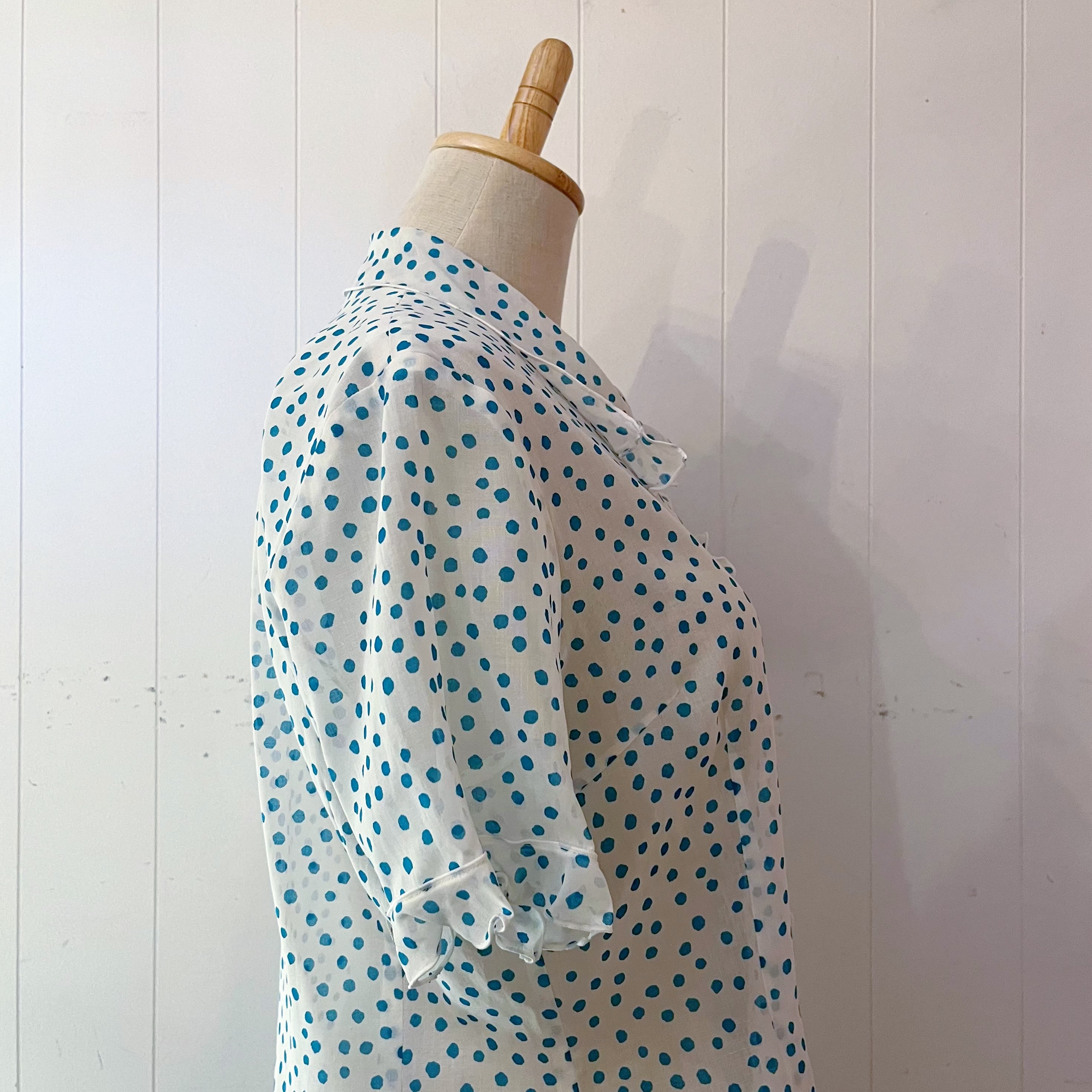 water blue dot frill blouse