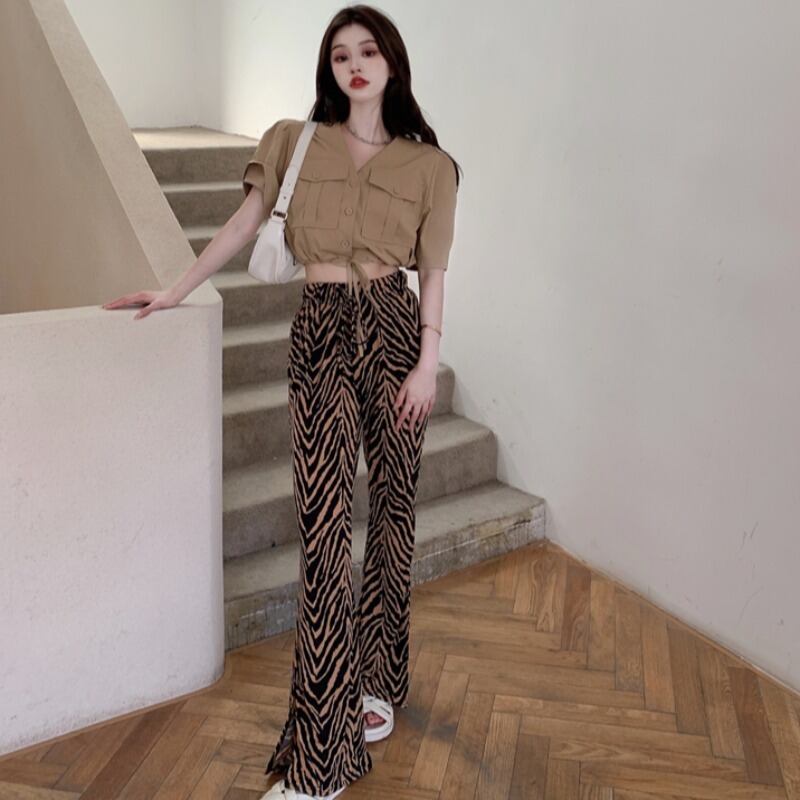 スタイルシャツ トップス ストレッチウェストパターンワイドレッグパンツ レディース ストリート エラスティック 伸縮 ワイドパンツ ハンチェンe40043425176