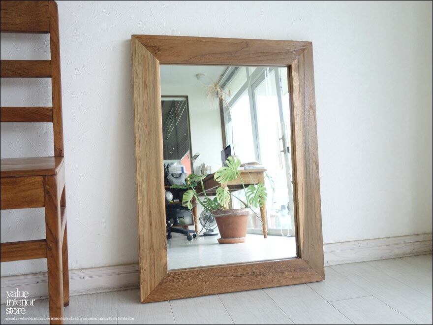 古材 鏡 オールドチークフレームミラー壁掛80H レトロ 天然木 ハンドメイド 手作り 総無垢 壁掛け 銘木 送料無料 幅60cm x 縦80cm