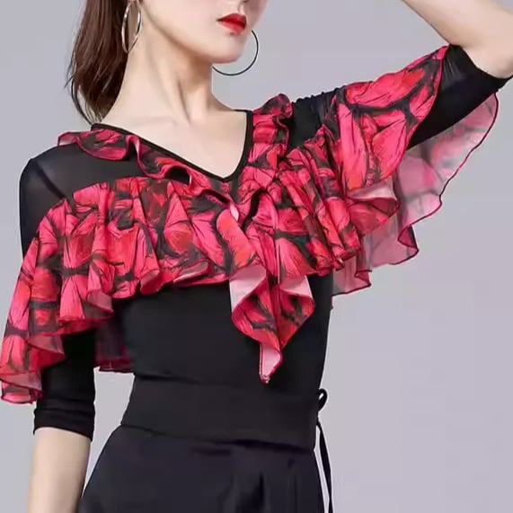 フリルデザイン×フラワープリント シアーラテントップス(レオタードタイプ) ds1523