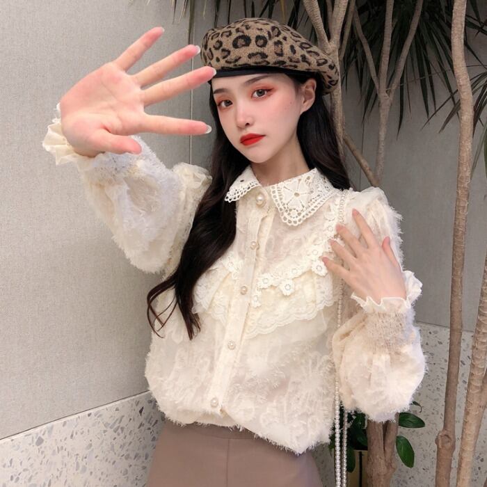 レースホワイトシャツ スプリング ロング 春物 ステッチ 1号婦人85658175420