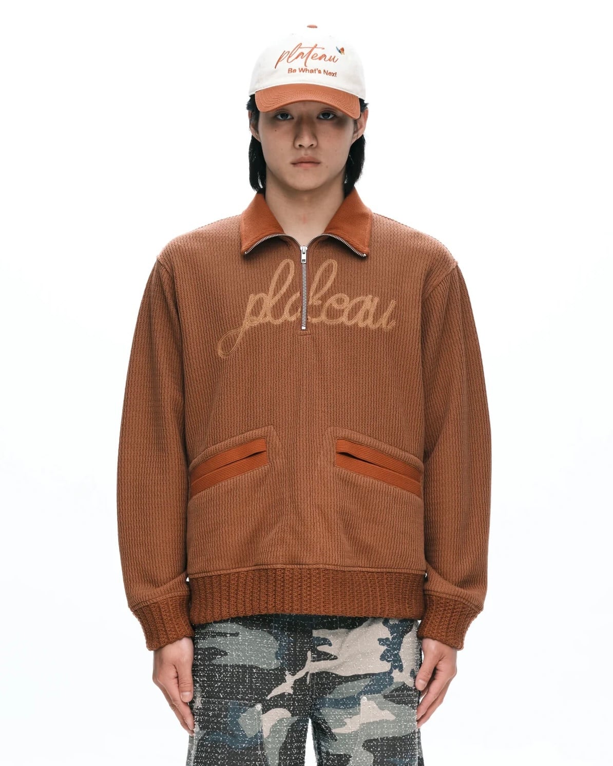 plateau studio【Knitted half zip up -Brown-】