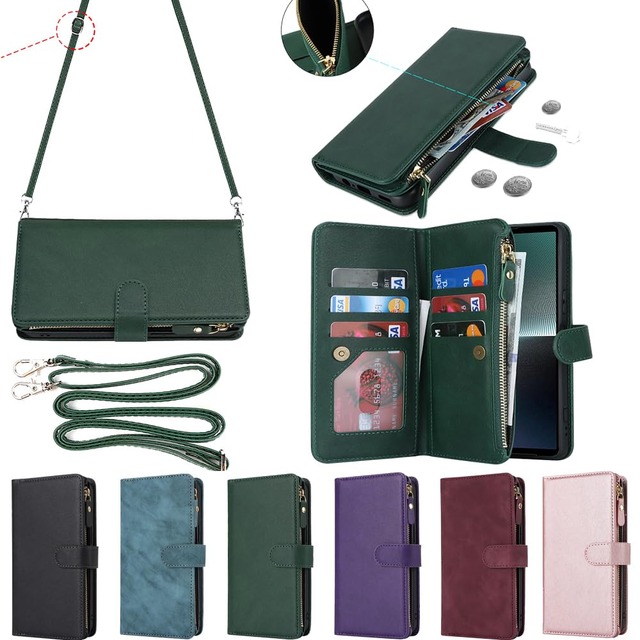 Eastwave for Xperia 1 V ケース ソニー for xperia 1 v so-51d docomo 縄掛けケース for sony xperia 1v sog10 au 手帳型 財布型 ICカード コインポケット ストラップ付き カード 収納 小銭入れ ファスナーポケット付き PUレザー 6色 グリーン