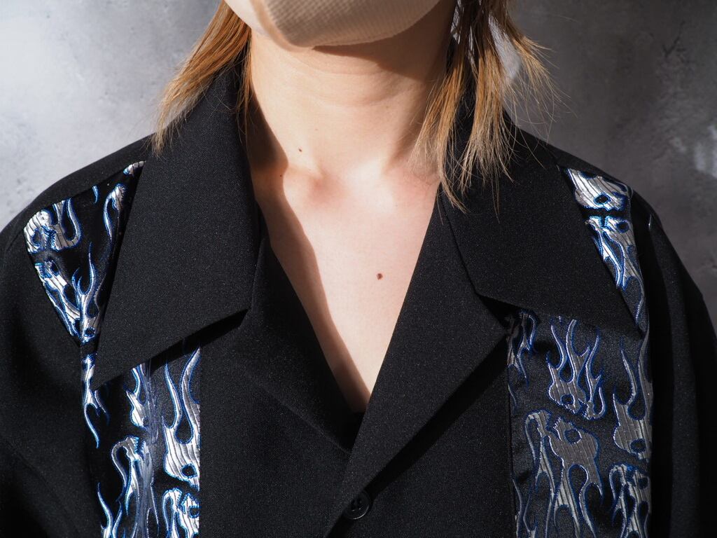 Skull × flame pattern satin switching open callar ss shirt