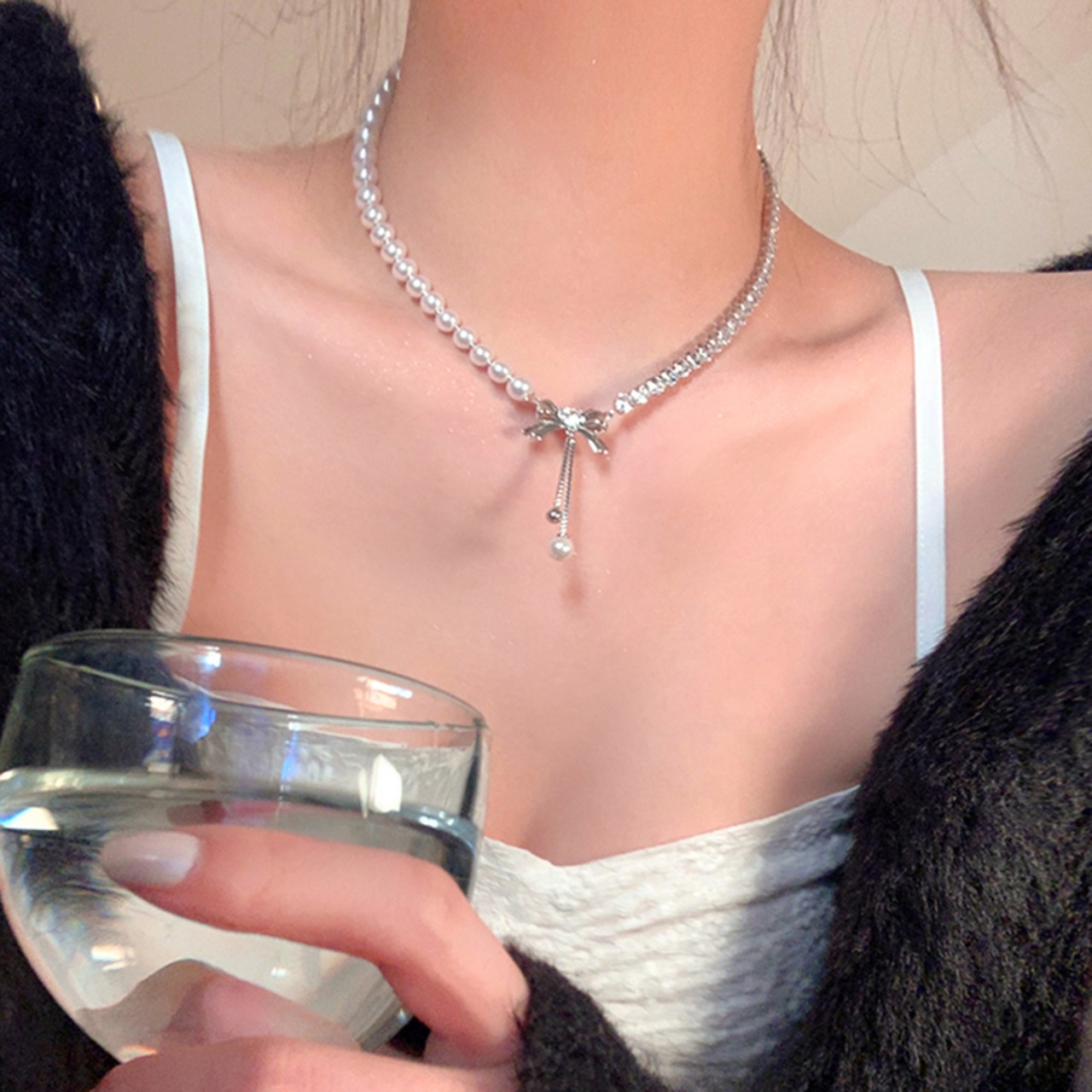 Peachteaパープルリボンタッセルネックレス