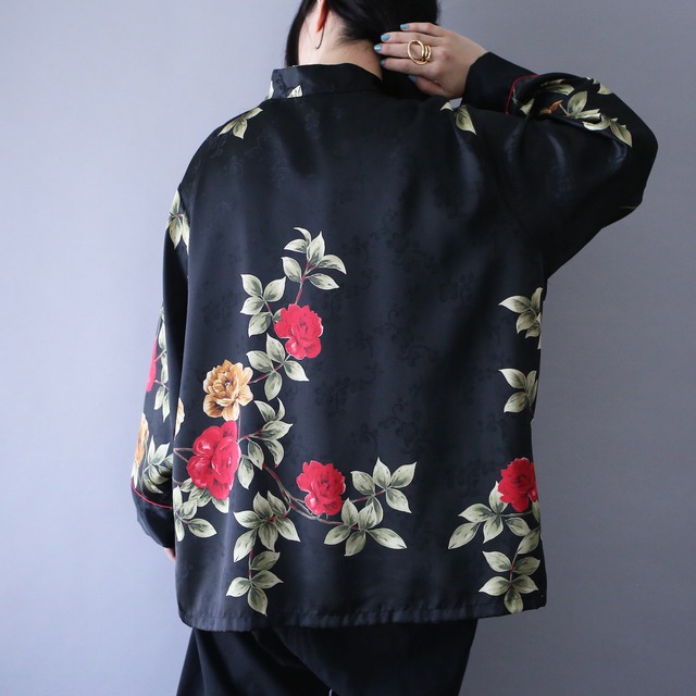 beautiful flower pattern gloss fabric loose silhouette china shirt