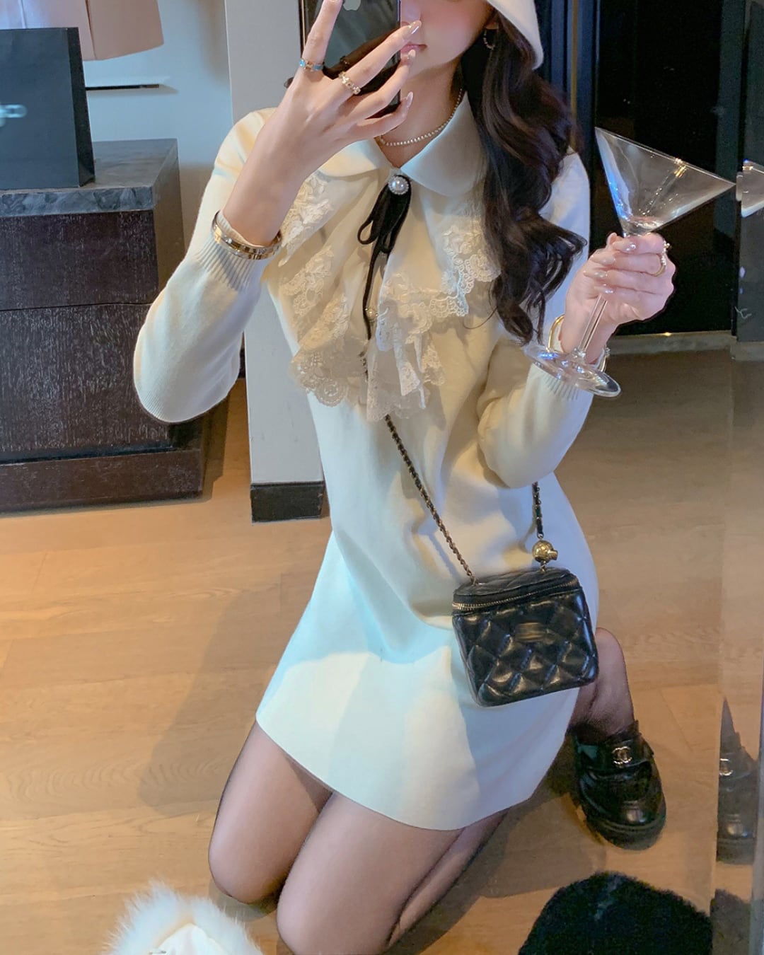 レディフリルホワイトニットワンピース 25W08259