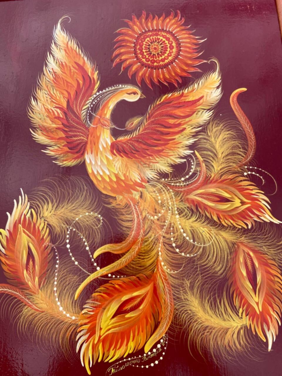 不死鳥】ペトリキウカ塗り 壁掛け手描き絵画（ヴィクトリア