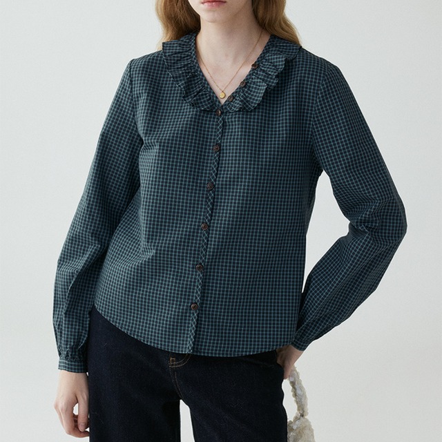 check frill collar button blouse