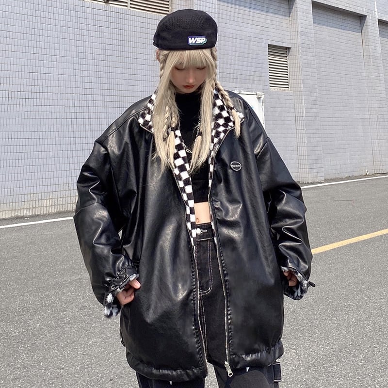 即納 サブカル系 リバーシブルジャケット PUレザー チェック柄