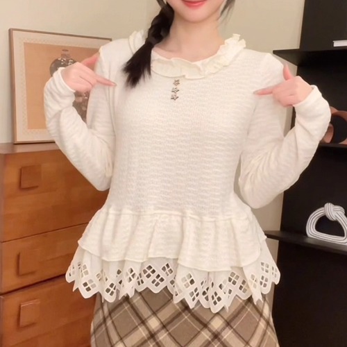 フリルネックレースペプラムトップス ・71716