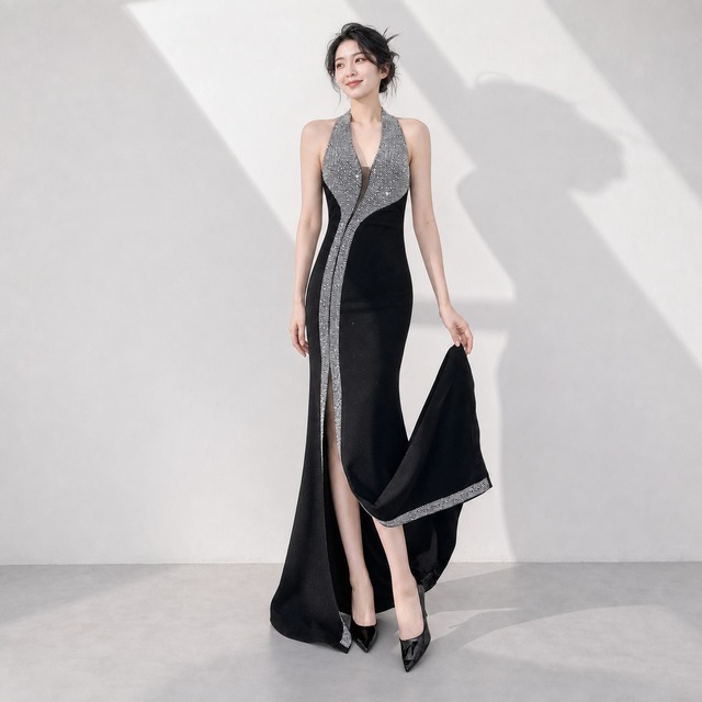 Slit Detail Rhinestone Decor Key Neck Maxi Dress V3474