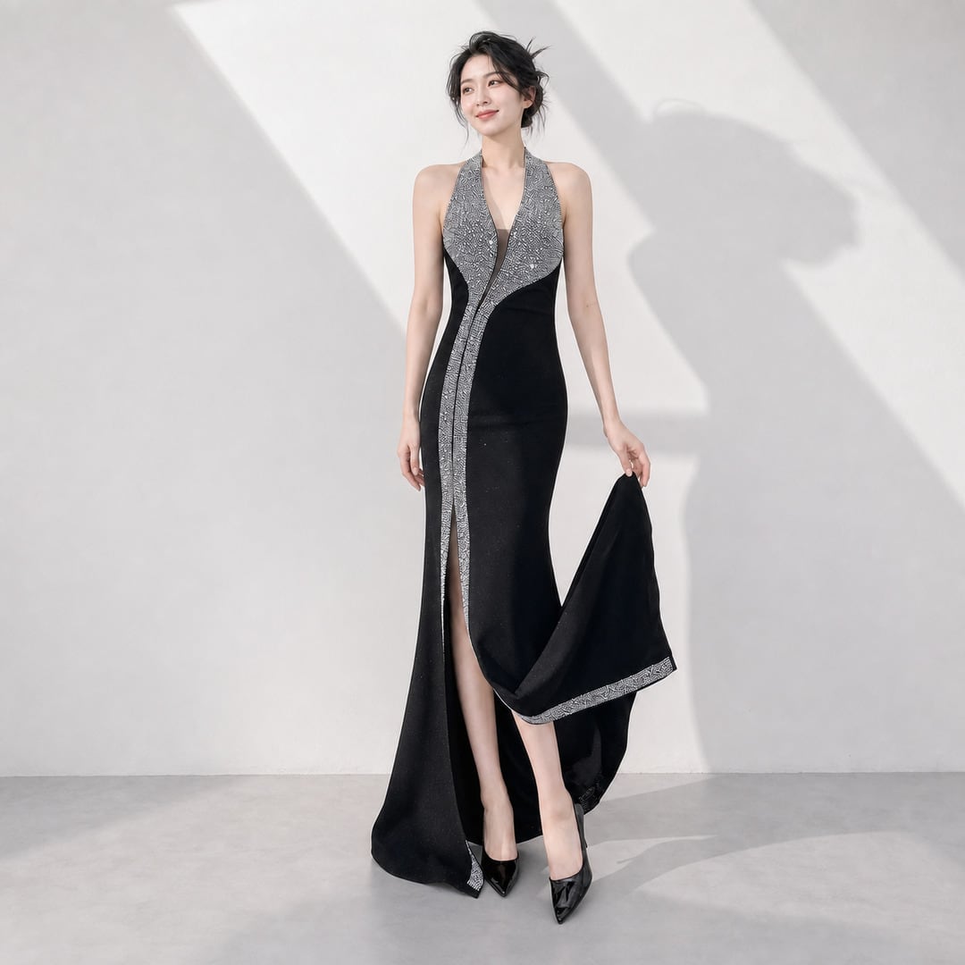 Slit Detail Rhinestone Decor Key Neck Maxi Dress V3474