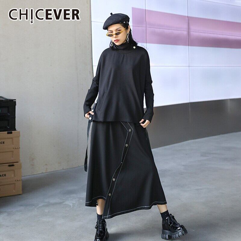 CHICEVERブラックツーピースセットレディーススタンドカラー長袖サイドスプリットレースアップトップパッチワークリベットスカート2020服 ロング 6base560804222864