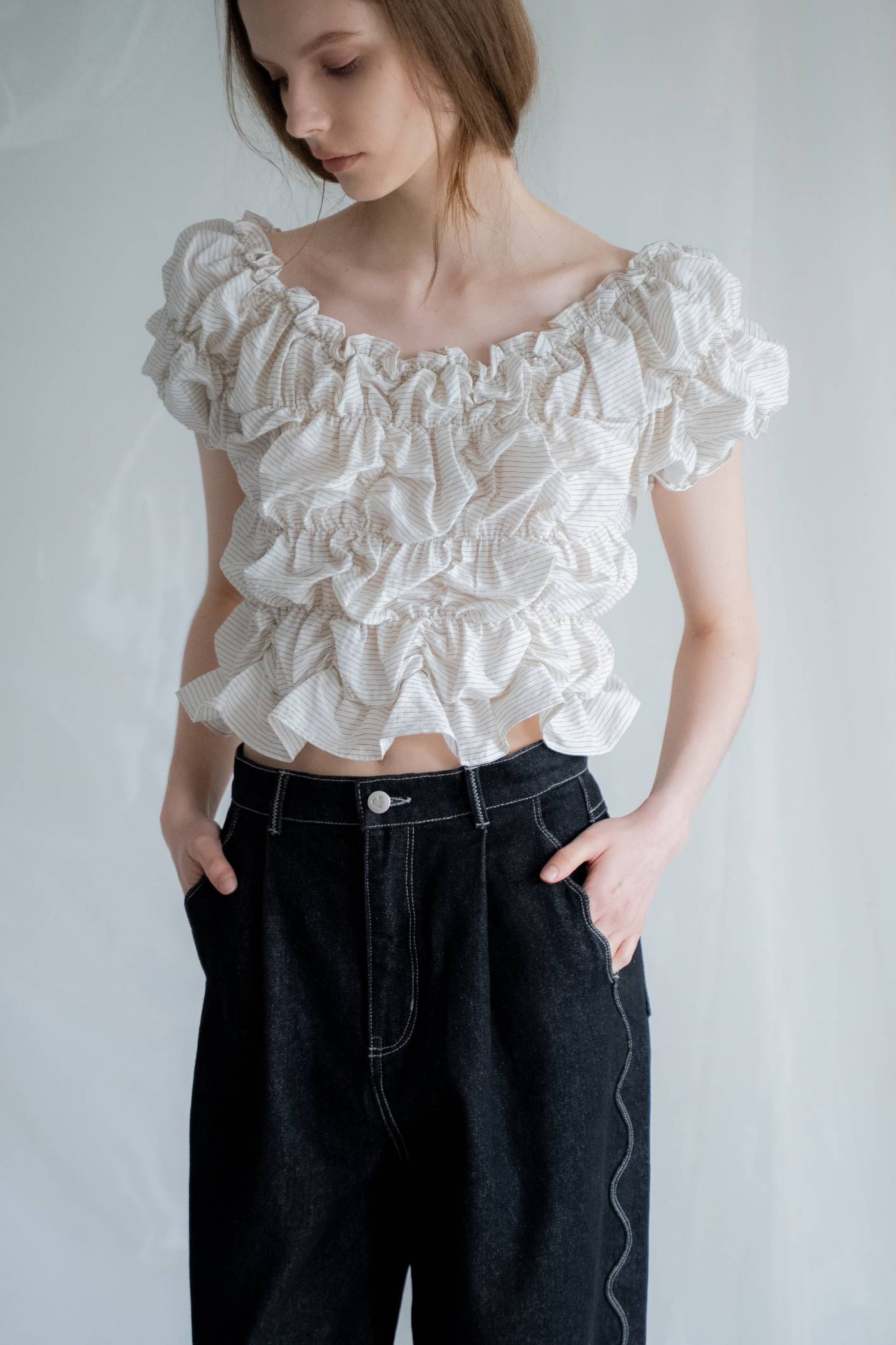 WILLFULLY whip shirring stripe 2way tops ウィップ シャーリング