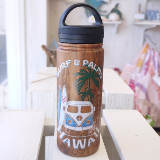 ハワイ タンブラー ステンレスボトル 水筒 木目調デザイン 500ml サーフ ビーチ ワーゲンバス アウトドア メンズ ハワイアン雑貨 ＜BUS＞