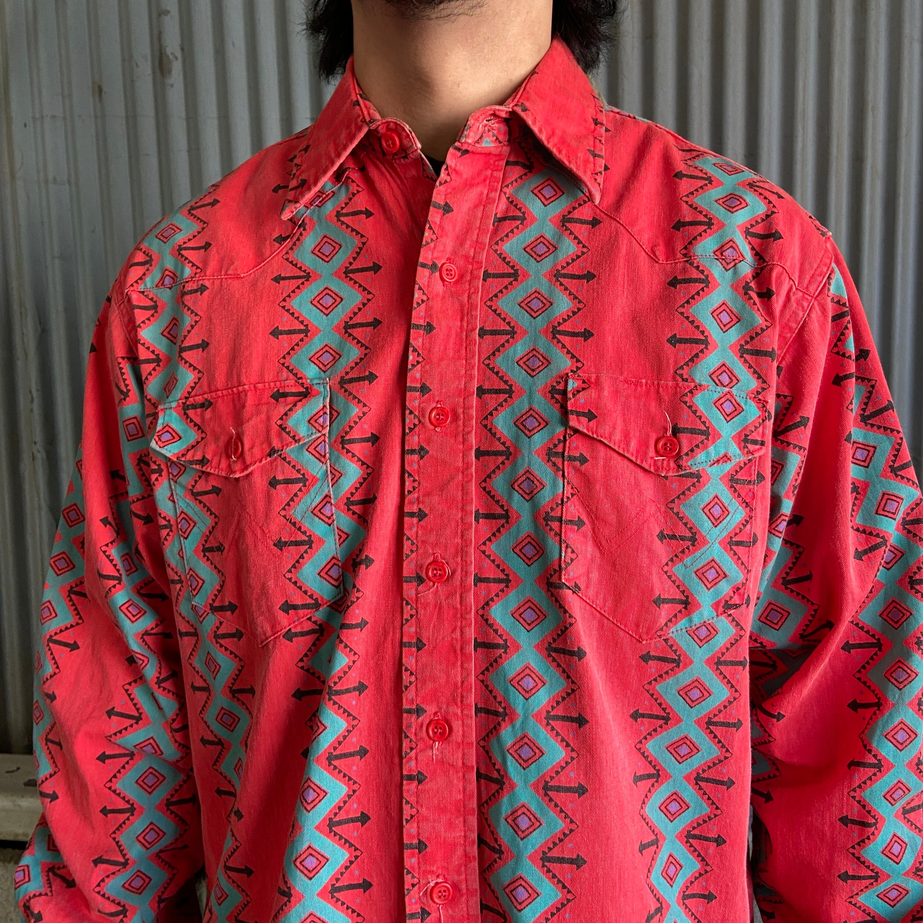 90年代 Wrangler ラングラー ネイティブ 総柄 長袖 ウエスタンシャツ