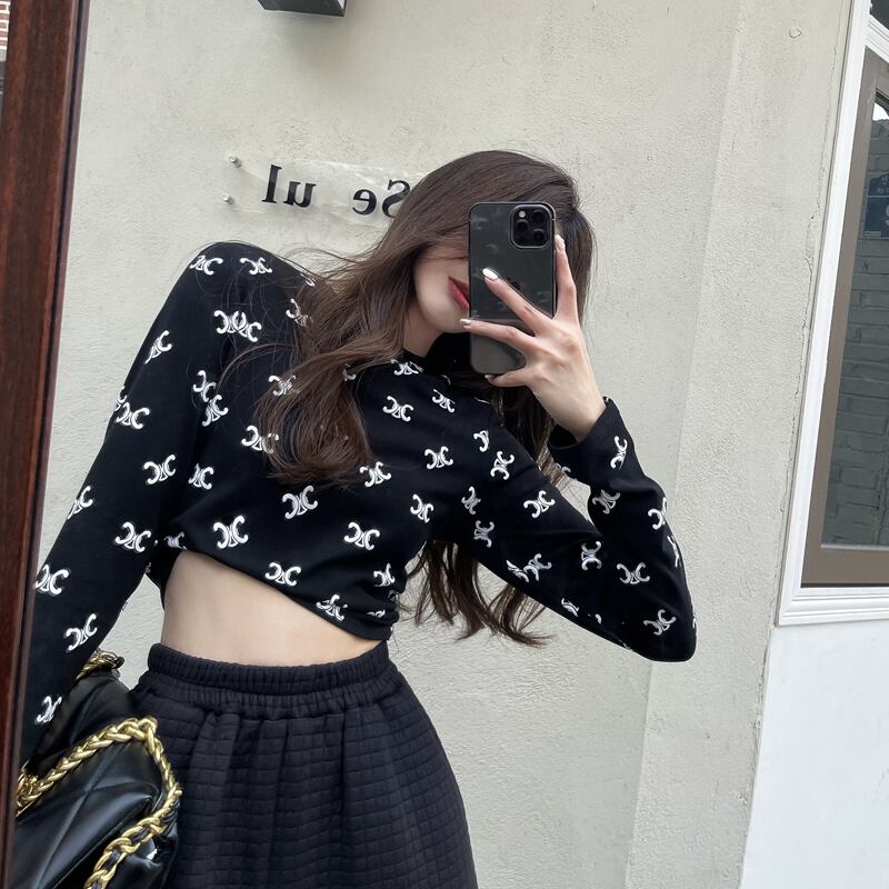 Tシャツ ショートスプリングブラックプリントトップス ロング 春物 ブラックストロベリース85933033597