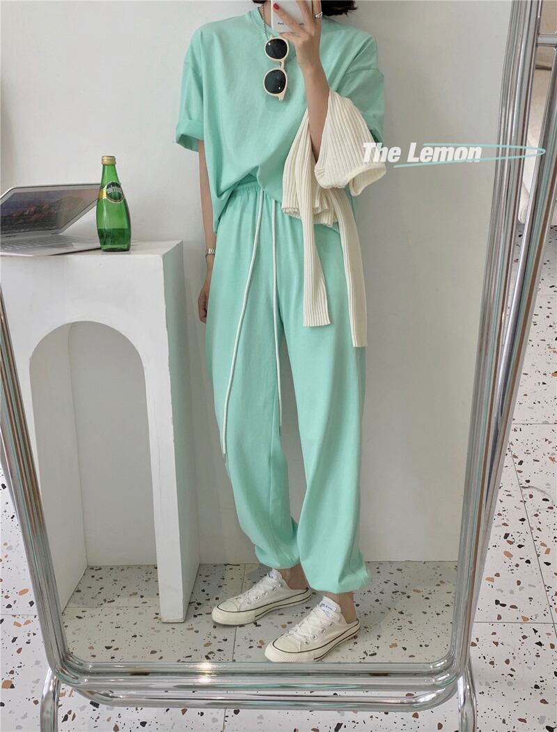 セット ラウンドネックカジュアルパンツ ルーズ レース Oネック Tシャツ レースアップ ビッグFスモールZ韓国4037052735