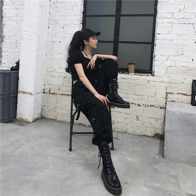 天使と悪魔 ミリタリー パンツ 厚手 ユニセックス ハイウエスト サイドポケット 病み可愛い ストリート系 原宿系 地雷系 10代 代 天使と悪魔 サブカル系ファッション Seasonz