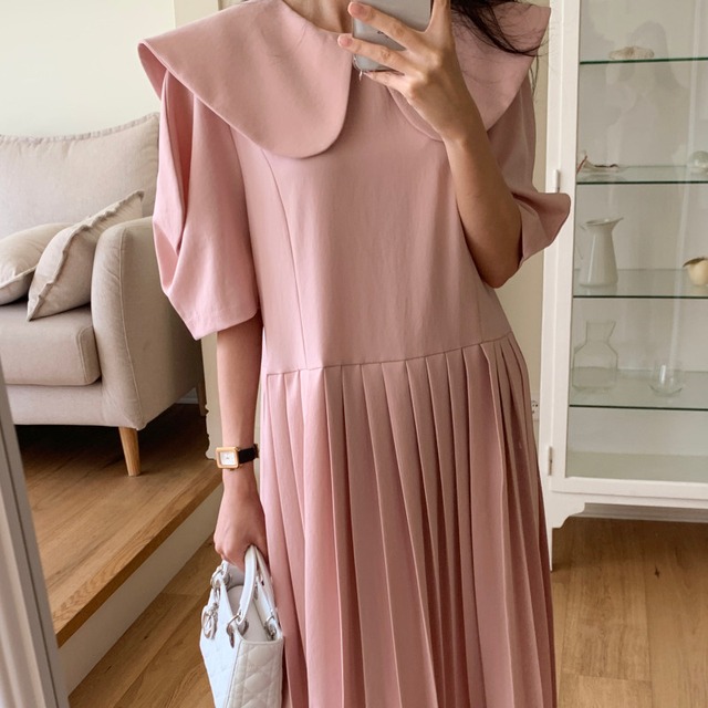 Large collar pleated long dress A1027