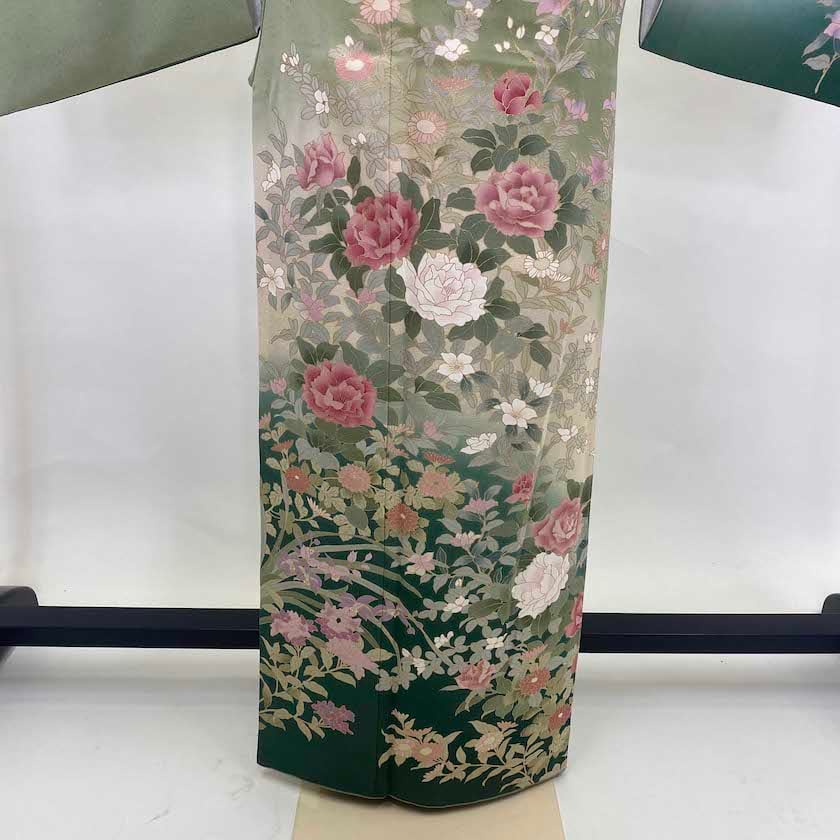 訪問着 中古 花柄 緑 黄緑 クリーム 裄64cm 身丈158cm 結婚式 訪問着 中古 花柄 緑 黄緑 クリーム 裄64cm 身丈158cm 結婚式