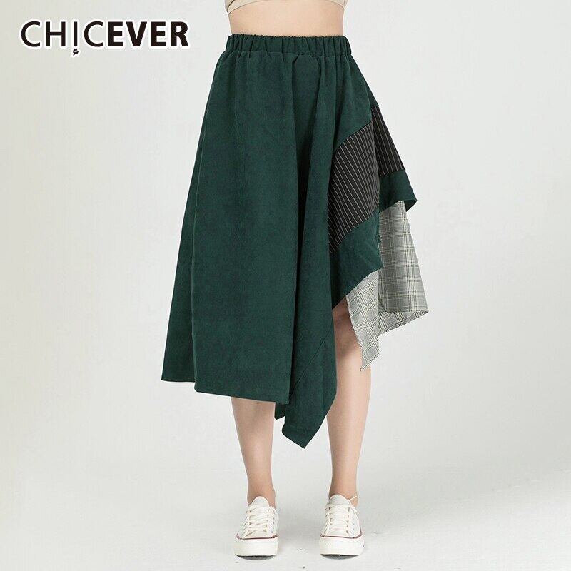 CHICEVERスカートレディースウエストルーズパッチワークチェック柄ヒットカラーアシンメトリー裾スカート2020 6base530525620578