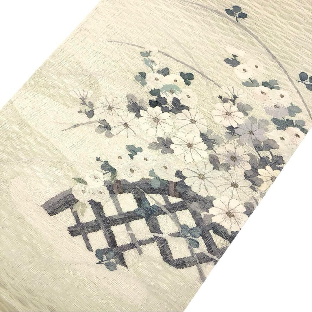 夏帯 袋帯 すくい織 竹垣に菊の花 薄浅緑 O-3711 | リユース着物わびさび 