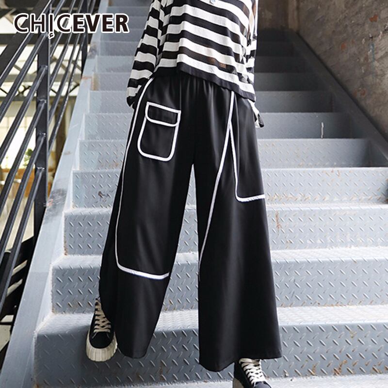 CHICEVERパッチワークポケットレディースパンツウエストヒットカラールーズワイドレッグパンツ2020年夏タイド サマー 夏物 ワイドパンツ 6base55992770068