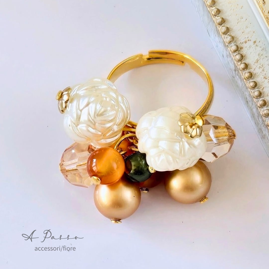 Petite Bouquet Ring（プティ・ブーケリング）｜樹脂ローズ×天然石／大人のフラワーリング・K16GP