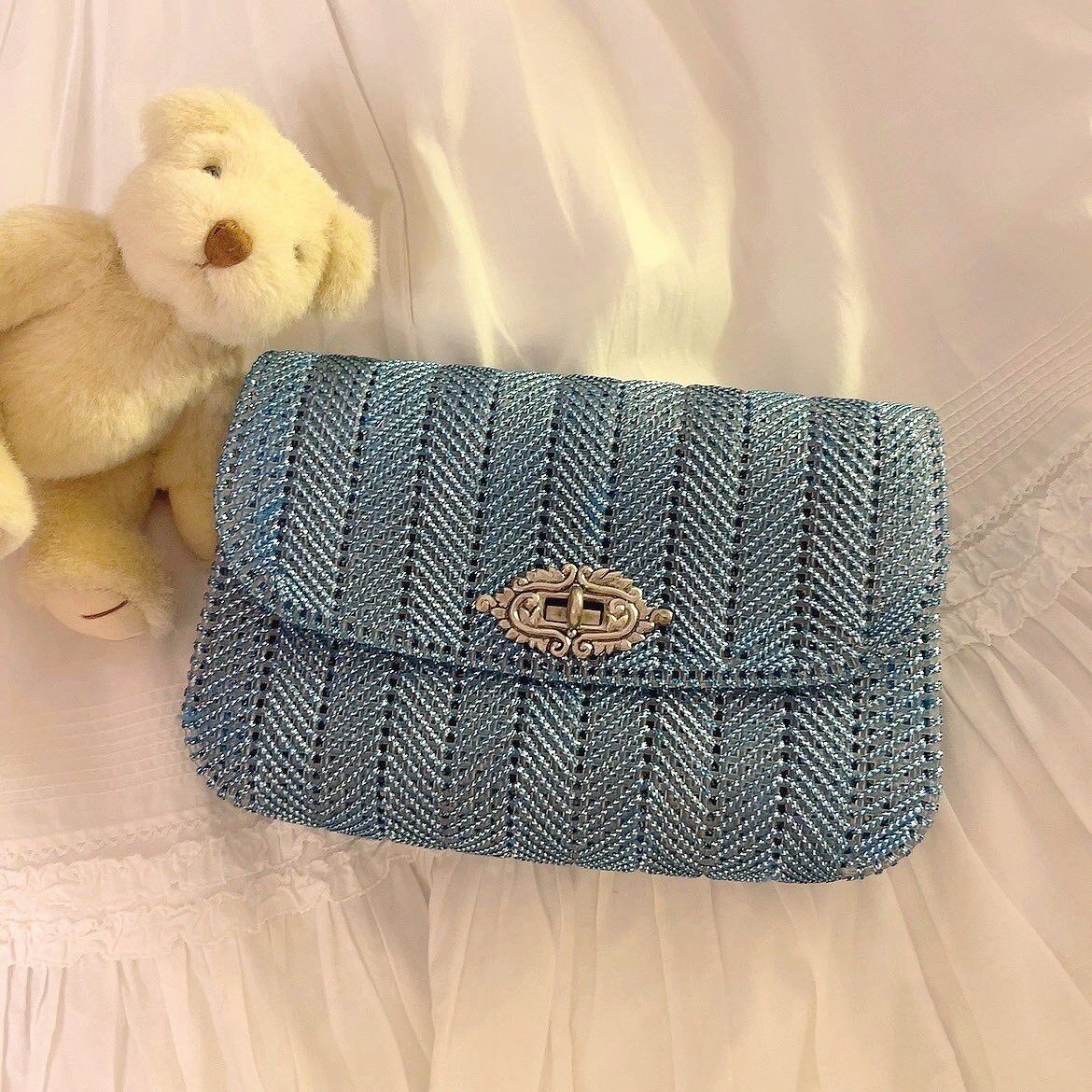 blue mesh mini clutch bag