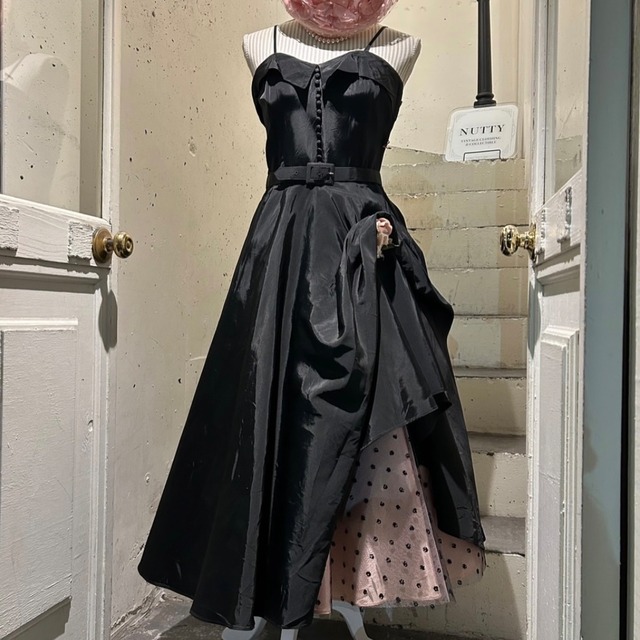 50's black × pink dot dress with belt