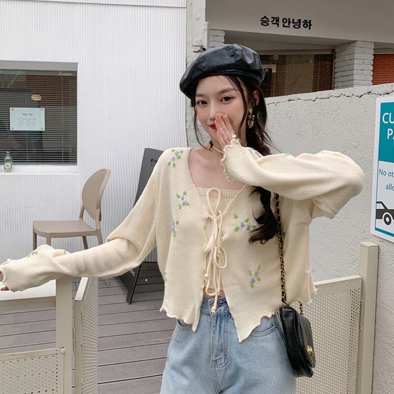 ニットカーディガンスプリングオータム薄手セーター コート スタイルルーズクロップドトップス 春物 秋物 試着室75663533542