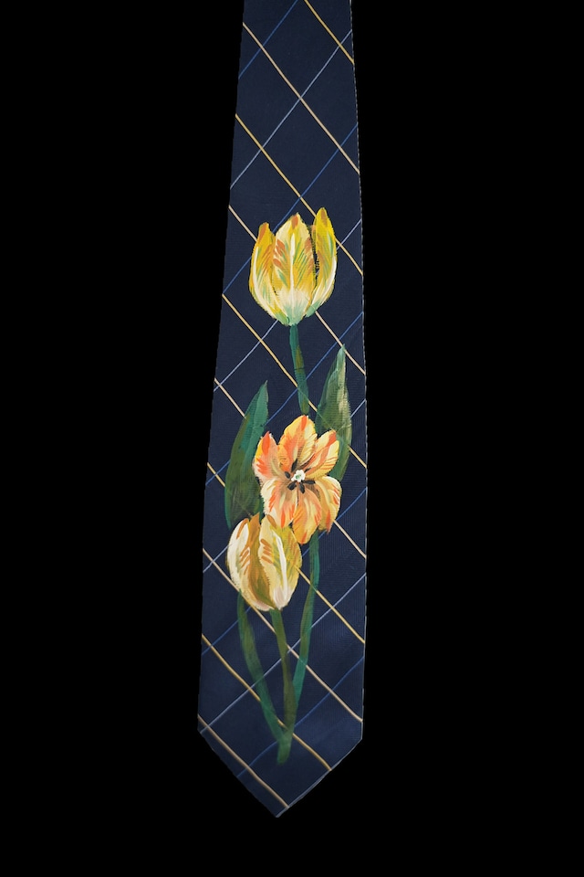 hand painted tie navy yellow tulip