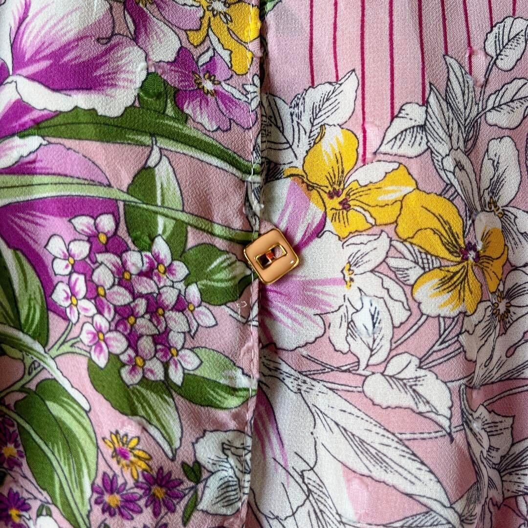 昭和レトロ花柄長袖ロングワンピースベルト付き透け素材ヴィンテージ  