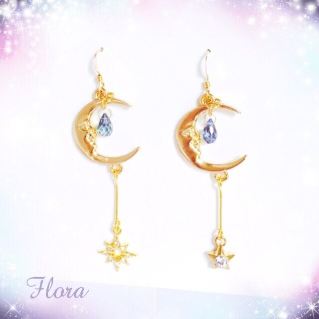 【1200】月と星のピアス／イヤリング ☆ 月と星のピアス（イヤリング・樹脂・可能） ☆ | Flora フローラ